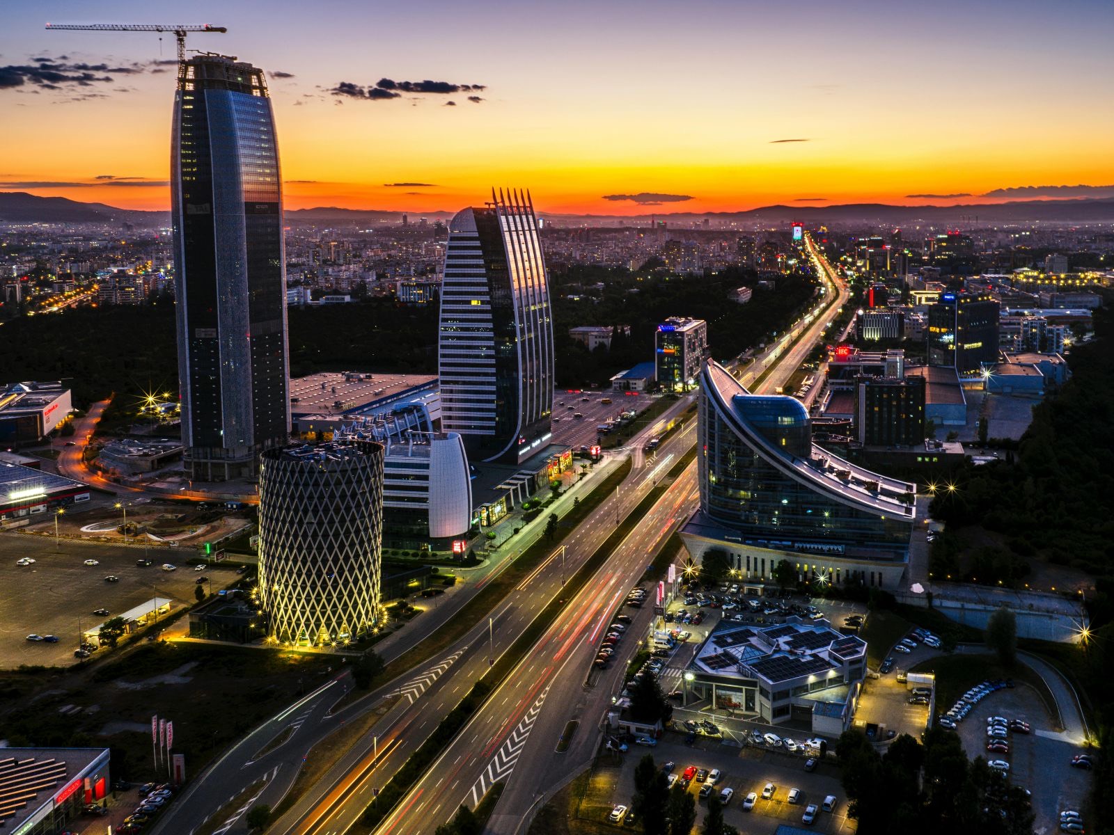 Sofia business district skyline at sunset, Bulgaria